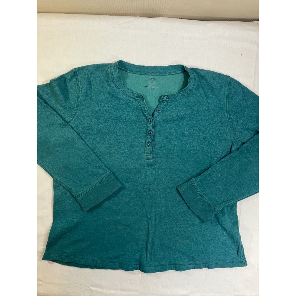 LL Bean Womens XL Henley Top Teal Green Cotton Wool Blend Long Sleeve 277957